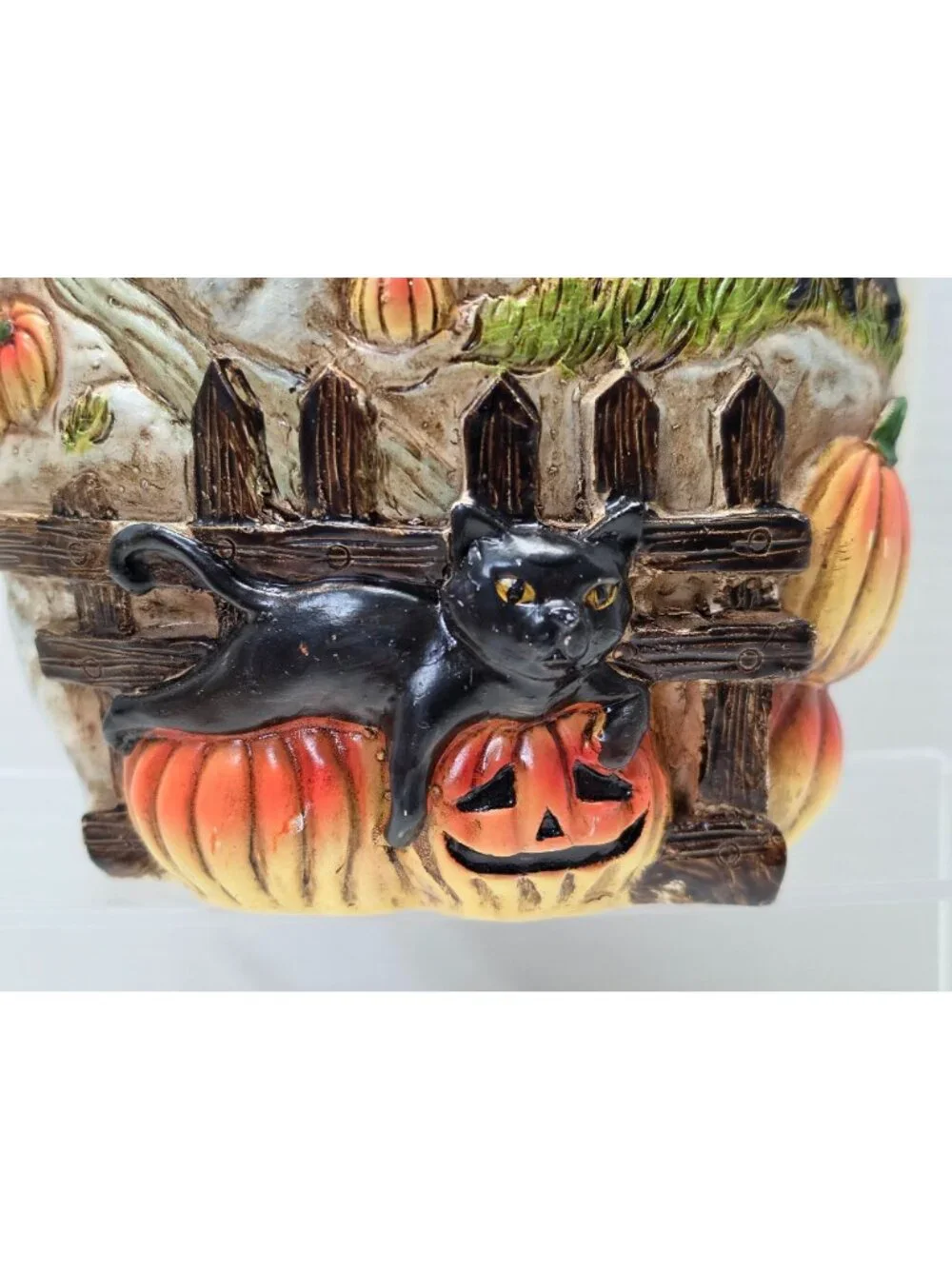 Vintage Halloween White Pumpkin Haunted House Black Cat Lighted Decor 10